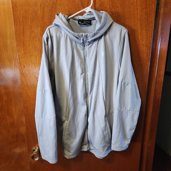 Men's 2XL Under Armour Coldgear Loose Gray Lined Full Zip Hooded Jacket - Picture 2 of 10